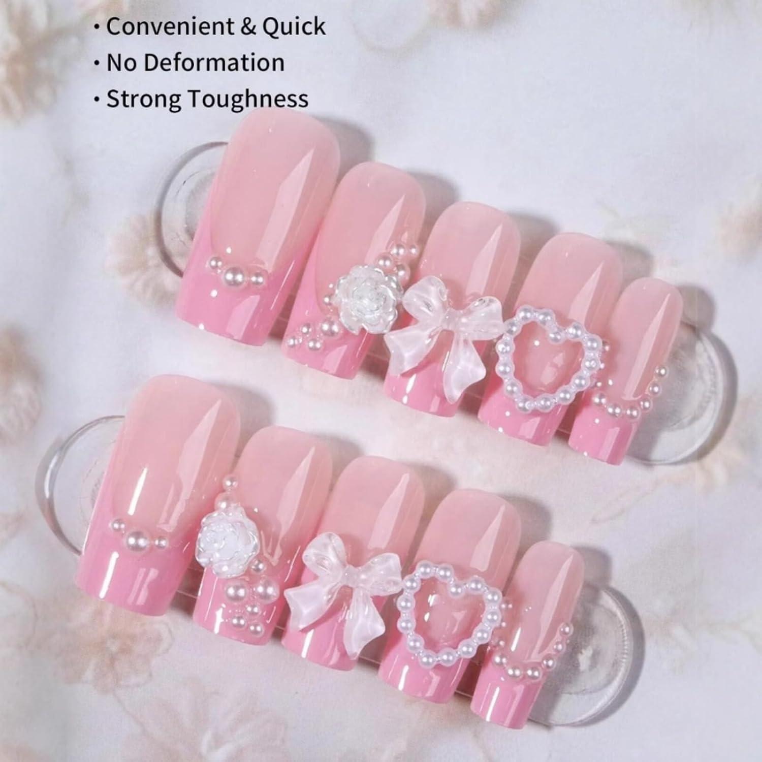 Uñas Postizas de Punta Francesa Rosa Puyokinm 24 Pcs 3D