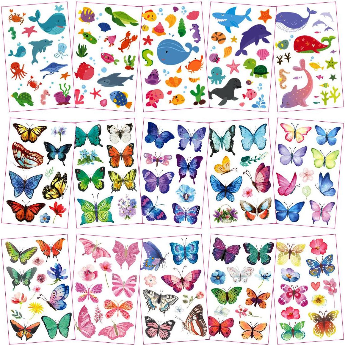 30 Hojas Tatuajes Temporales Niños Mariposas Sirena Animales