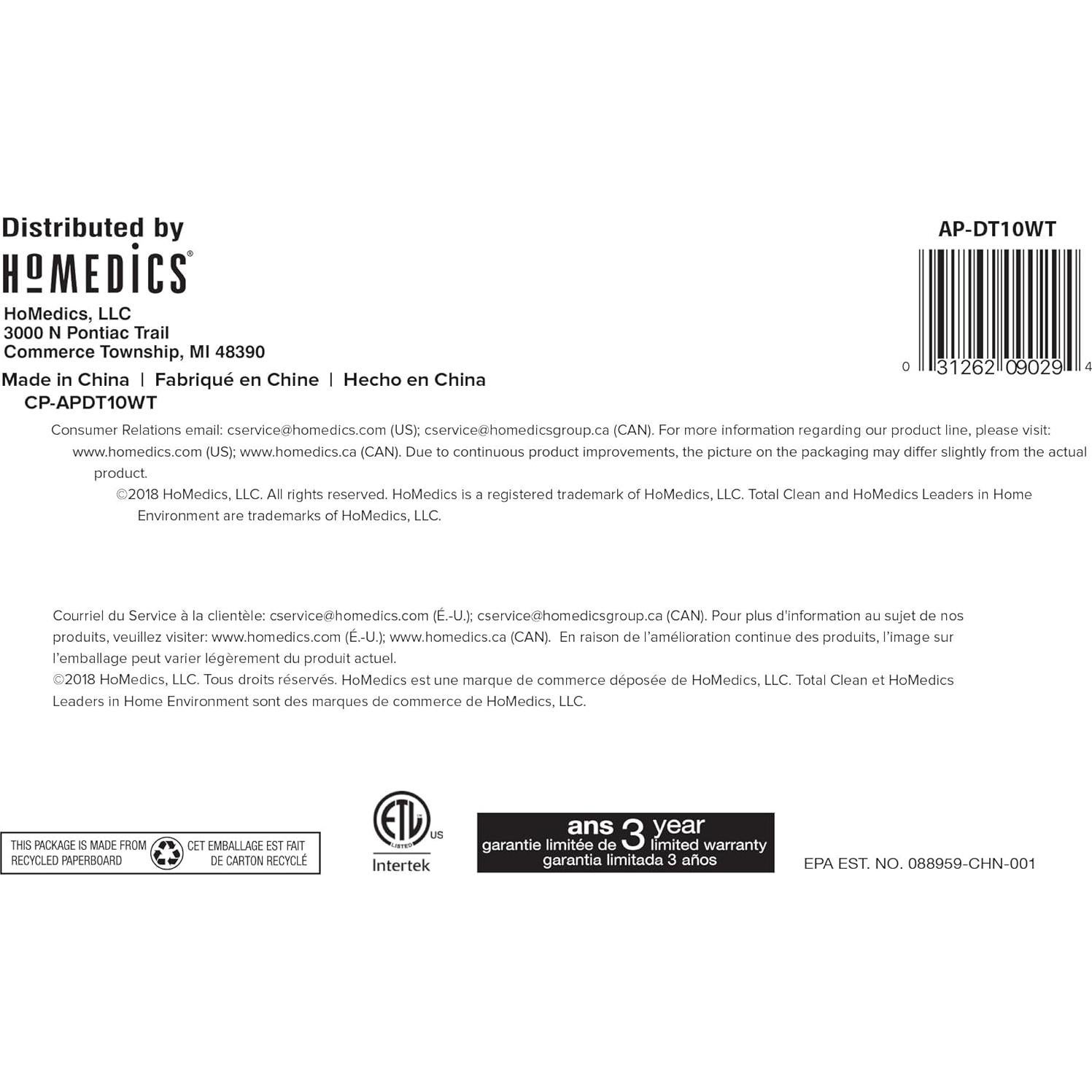 Purificador de Aire Homedics TotalClean HEPA 11.9 m² Blanco