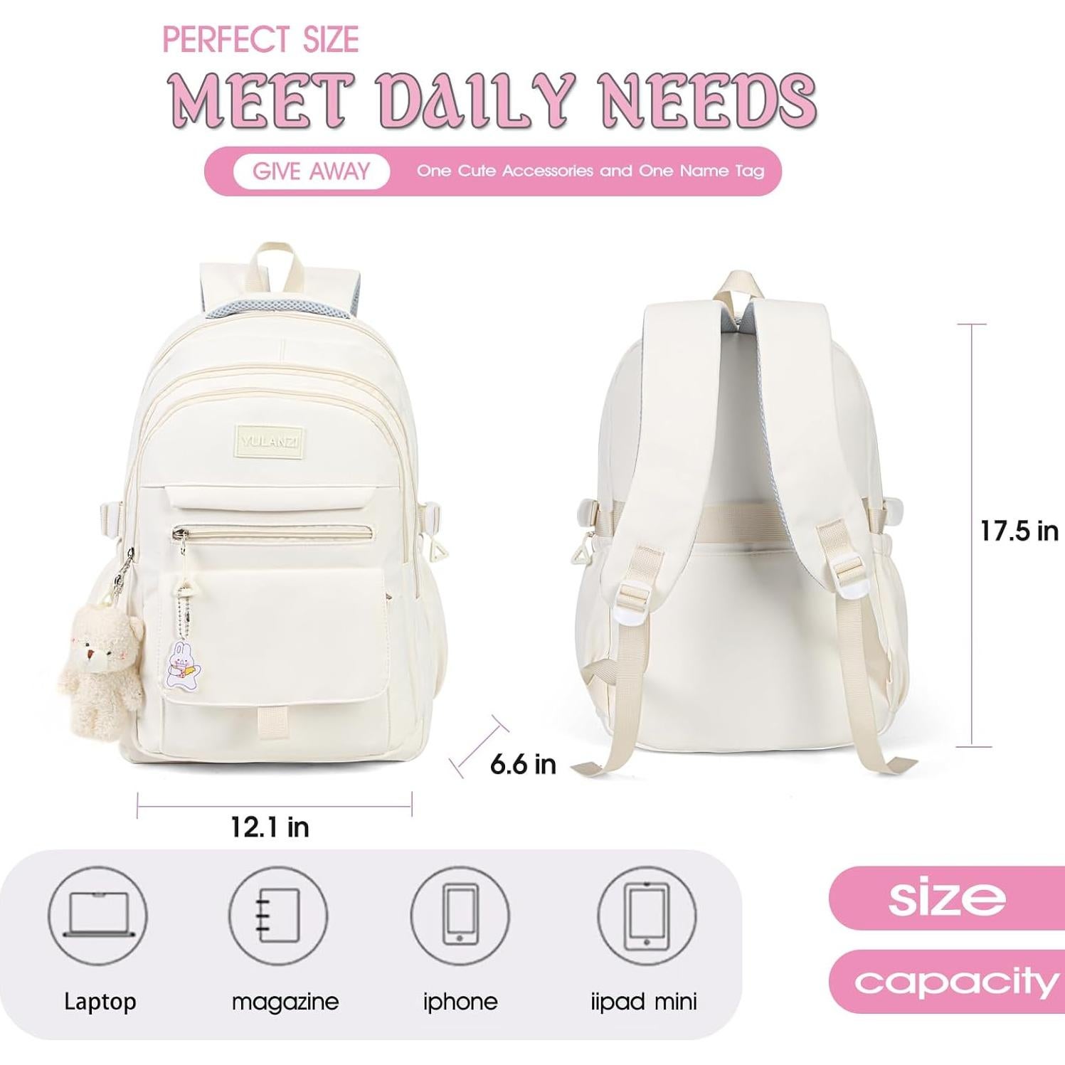 Mochila escolar para chicas PRLINJSK beige 30.7x16.8x44.5 cm