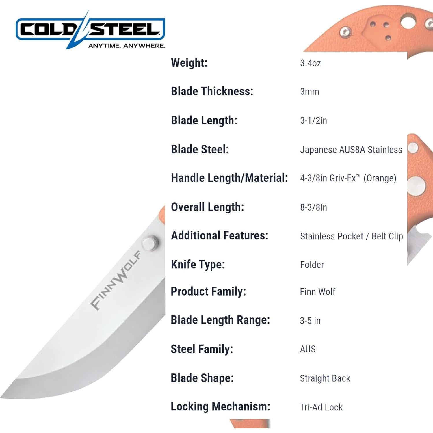 Cuchillo Plegable Cold Steel Finn Wolf AUS8A 3.5" Naranja