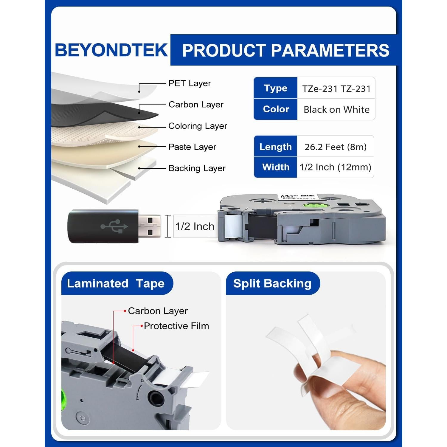 Cinta de Etiqueta Laminada 12mm BEYONDTEK TZe-231 10ps