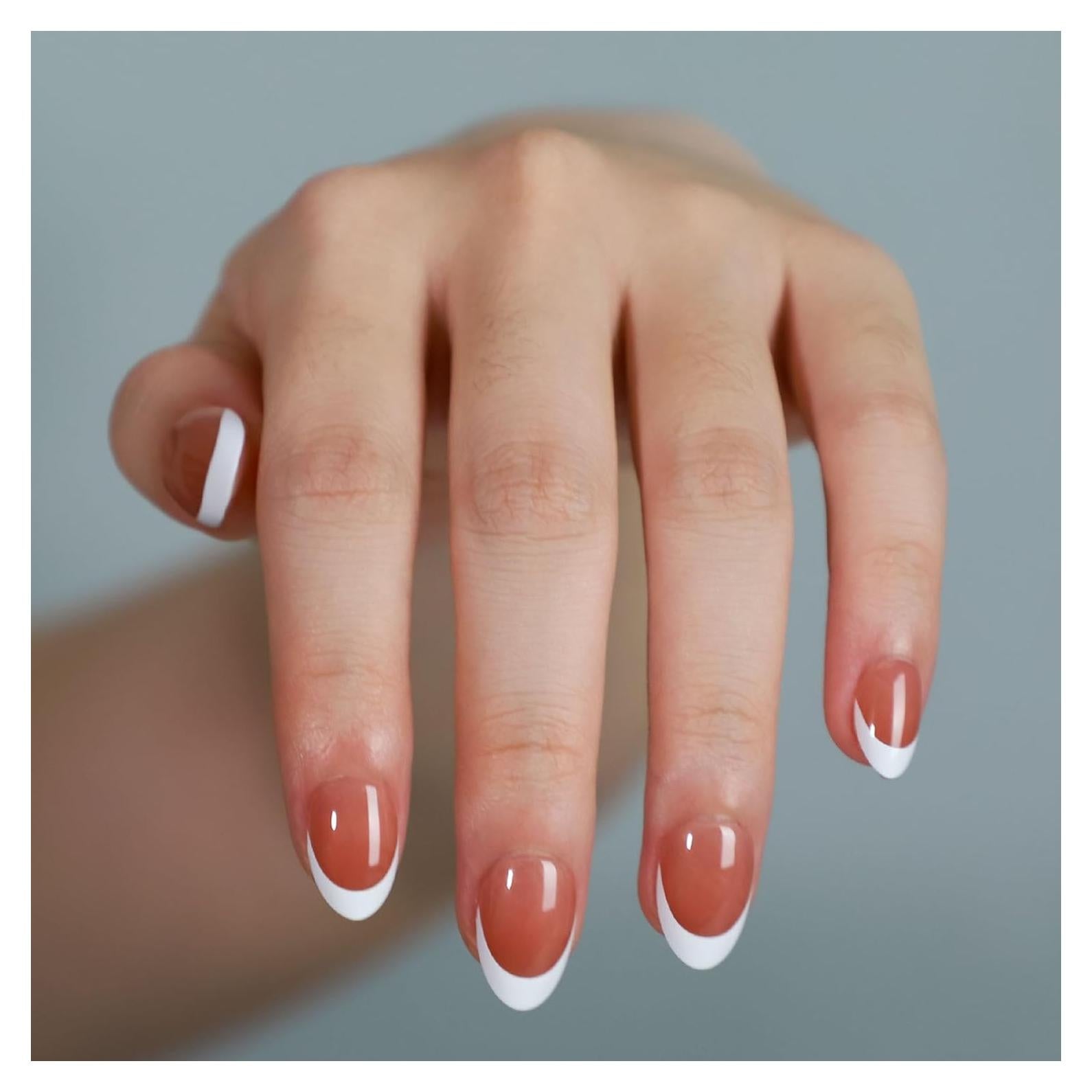 Uñas Postizas Cortas Almendra LANYOS 32 Pcs Francés Marrón