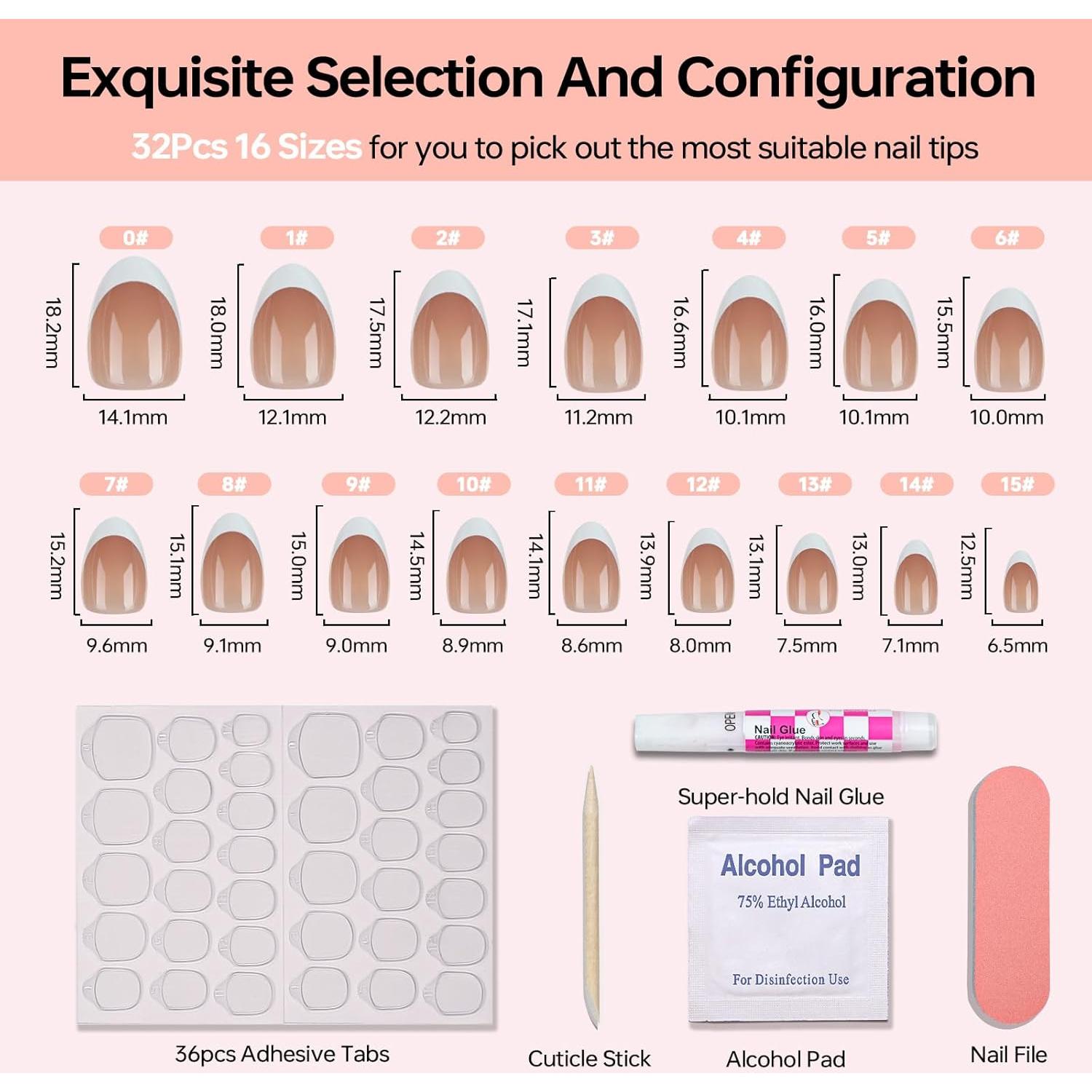 Uñas Postizas Cortas Almendra LANYOS 32 Pcs Francés Marrón