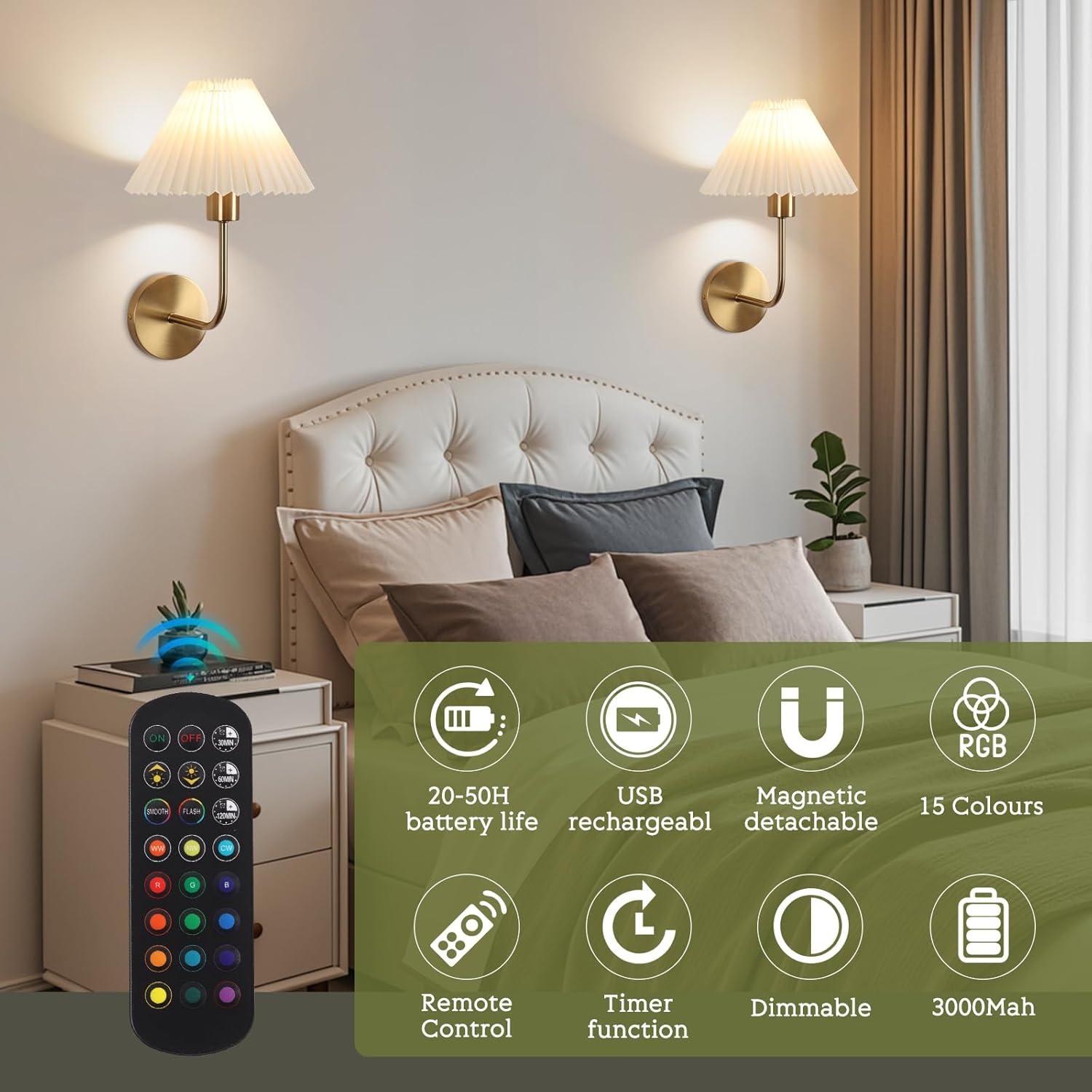 Conjunto de Apliques de Pared Inalámbricos KELUOLY 2 Luces Doradas