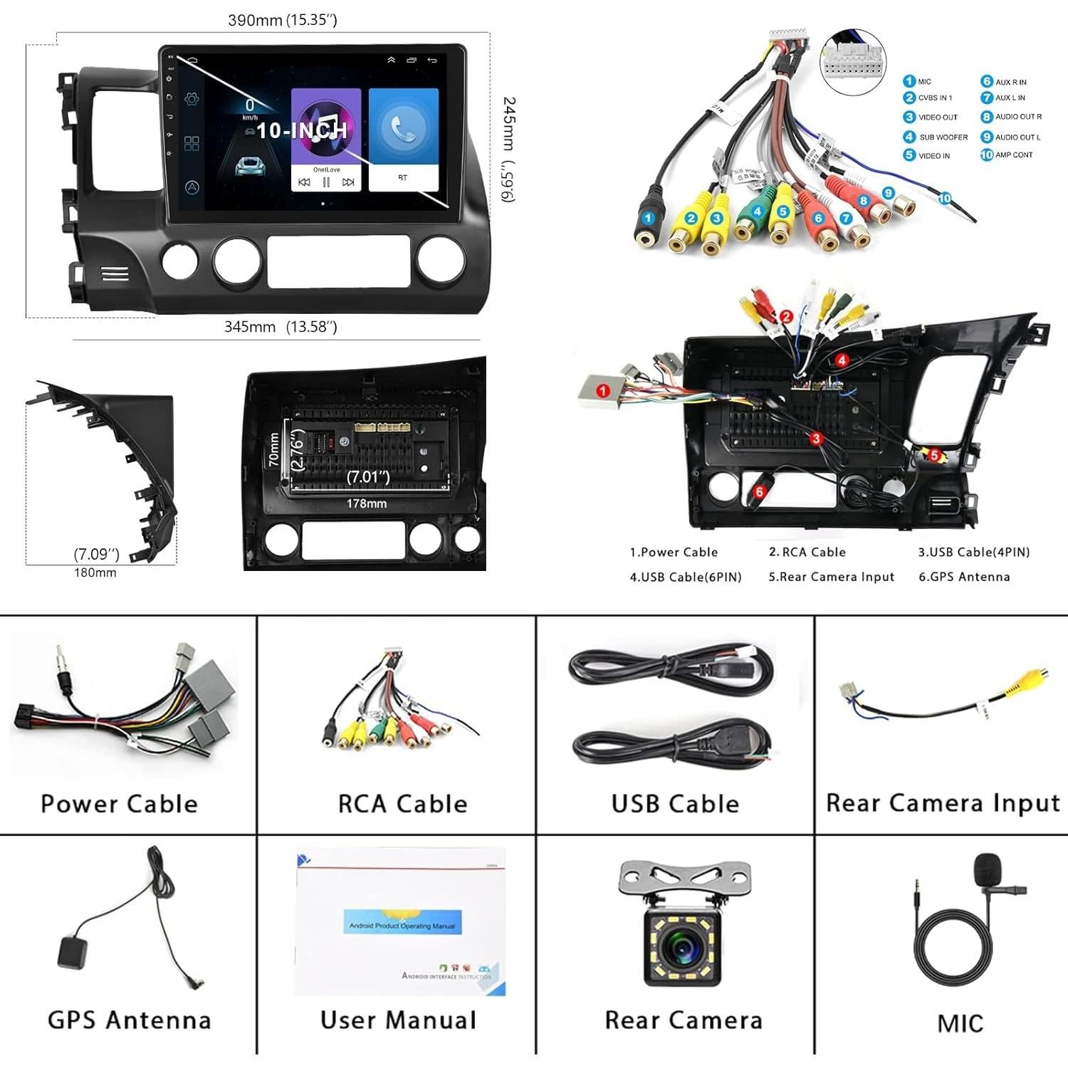 Estéreo de Coche Android Podofo 10.1" para Honda Civic 2006-2011