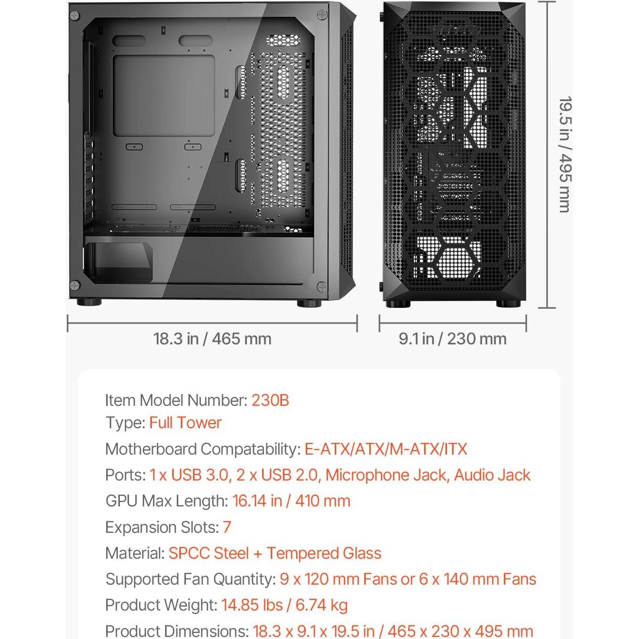Caja de Juegos para PC VEVOR Torre Completa 3 Ventiladores PWM