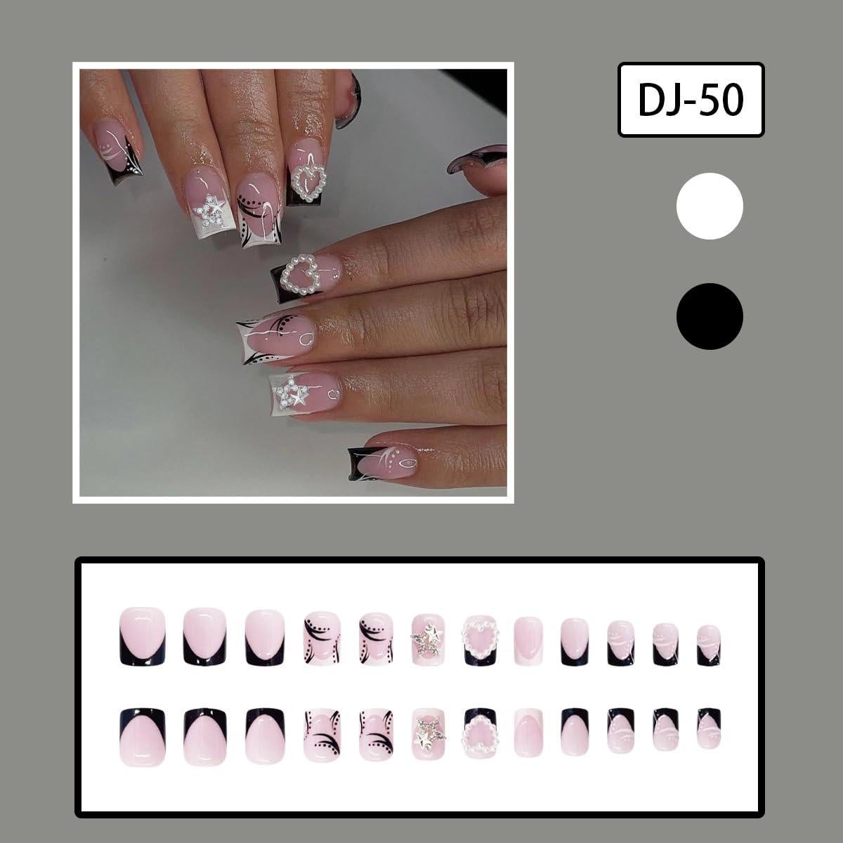 24 Uñas Postizas Cortas Cuadradas WLGDLH con Rhinestones