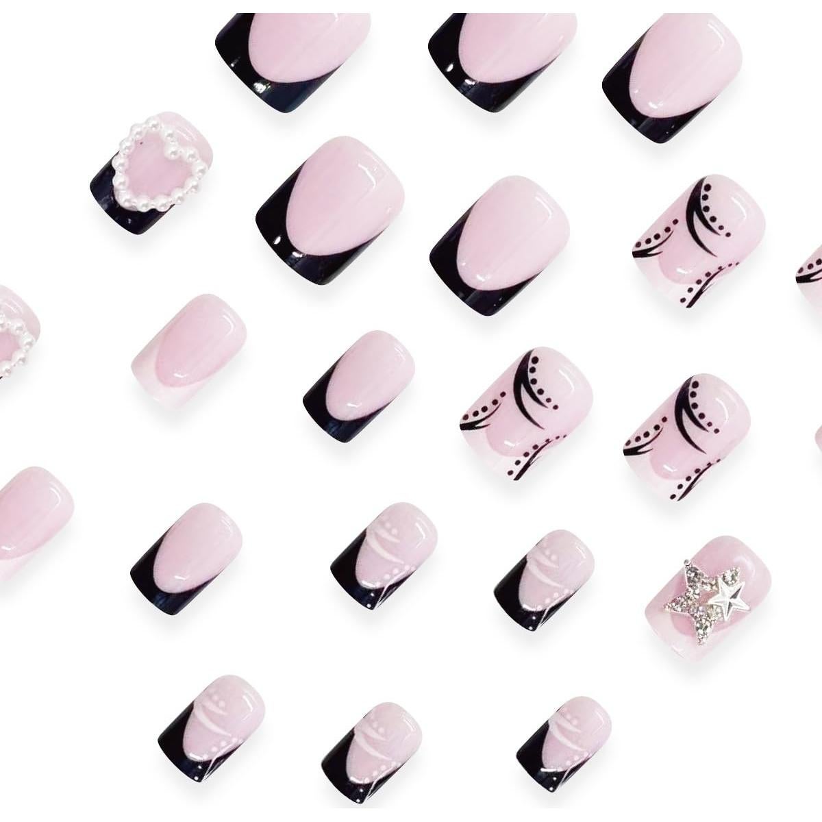 24 Uñas Postizas Cortas Cuadradas WLGDLH con Rhinestones