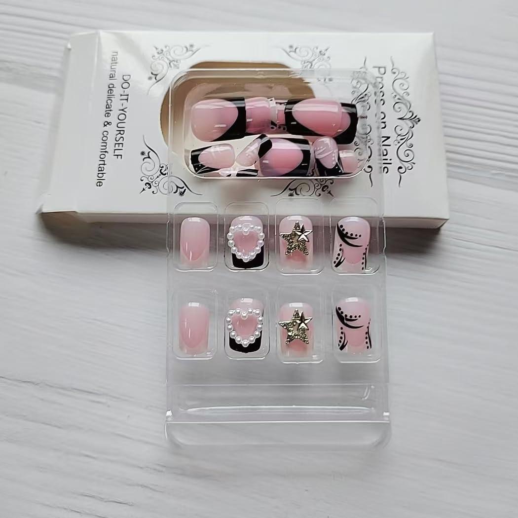 24 Uñas Postizas Cortas Cuadradas WLGDLH con Rhinestones