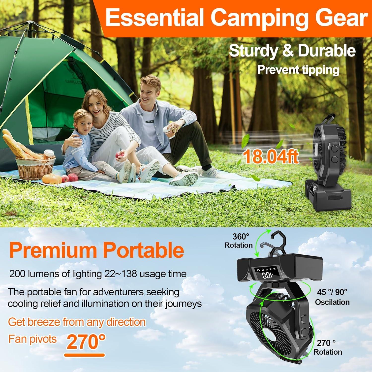 Ventilador de Camping LQTTEK Portátil 20000mAh con Luz LED
