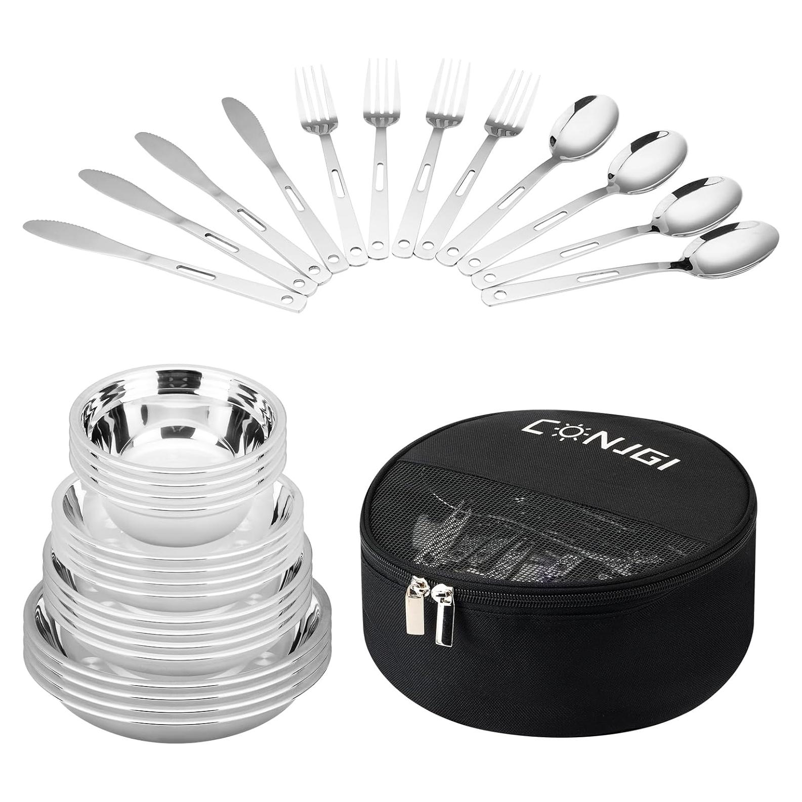 Set de Vajilla de Camping 28 Piezas CONJGI Acero Inoxidable