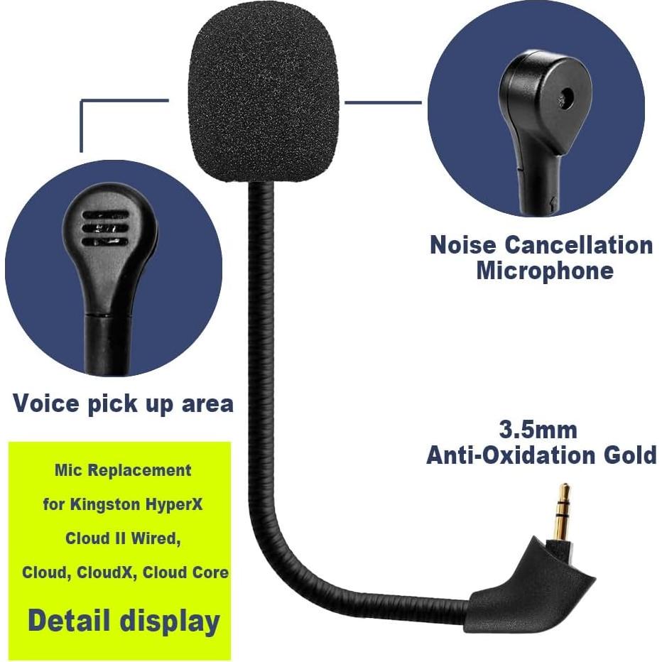 Mic Replacement Microphone Boom fits for Kingston HyperX Cloud II Cloud Core Cloud X Cloud Pro Silver 1st Version Gaming Headsets Noise Cancelling 3.5mm Jack Black