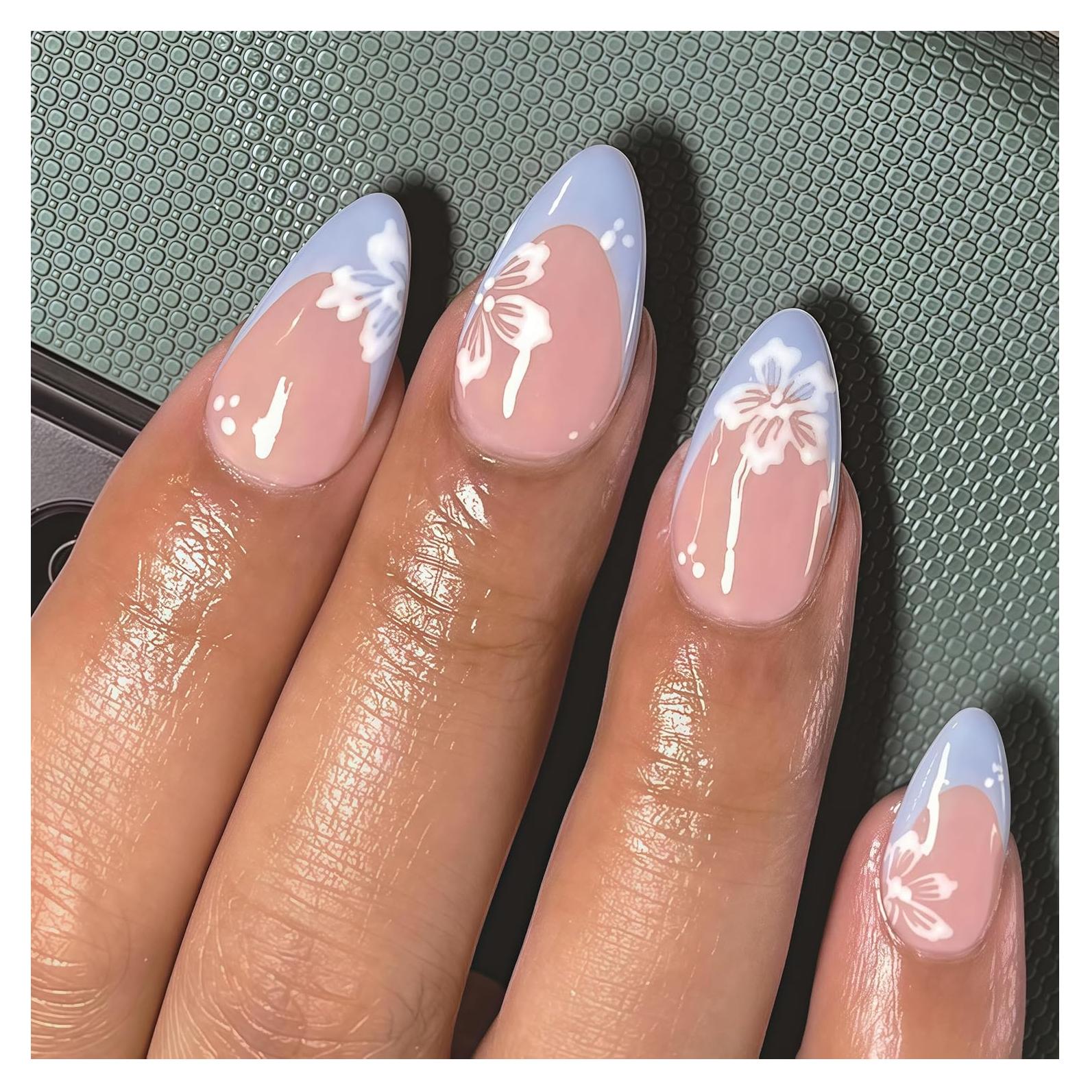 Uñas Postizas Almendra SHIQIXIANNV 24pcs Consejos Franceses Azules