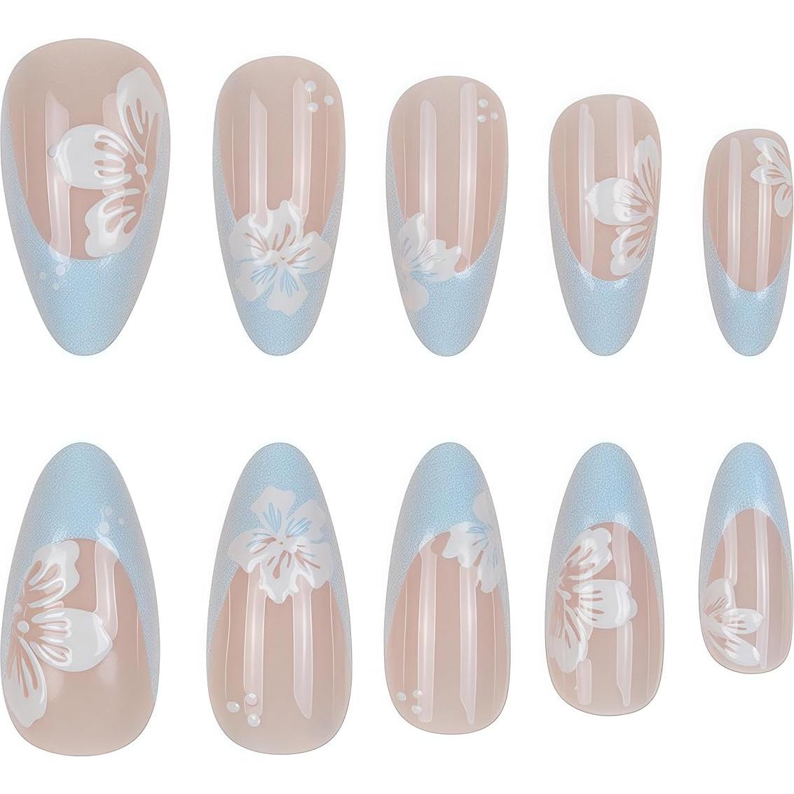 Uñas Postizas Almendra SHIQIXIANNV 24pcs Consejos Franceses Azules