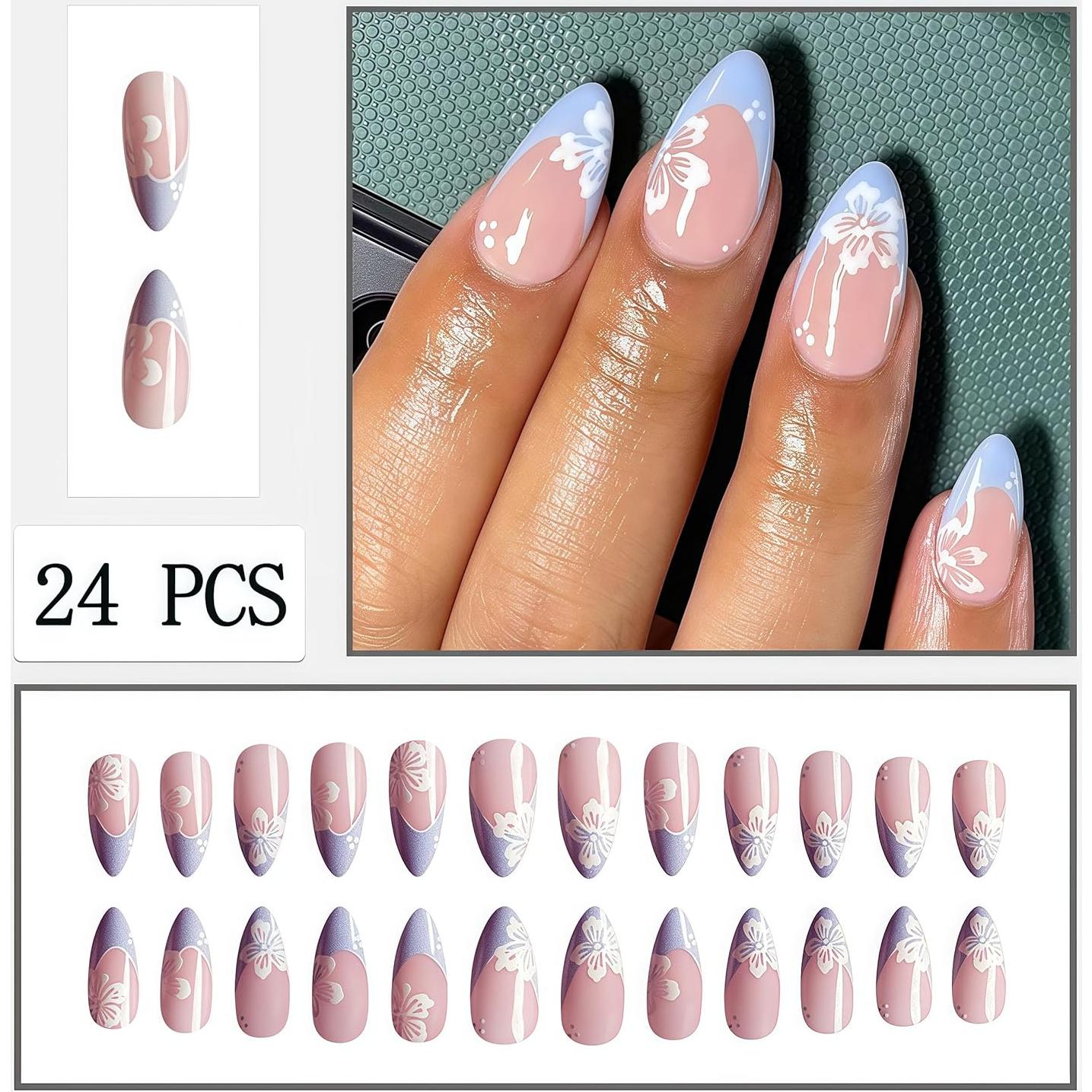 Uñas Postizas Almendra SHIQIXIANNV 24pcs Consejos Franceses Azules