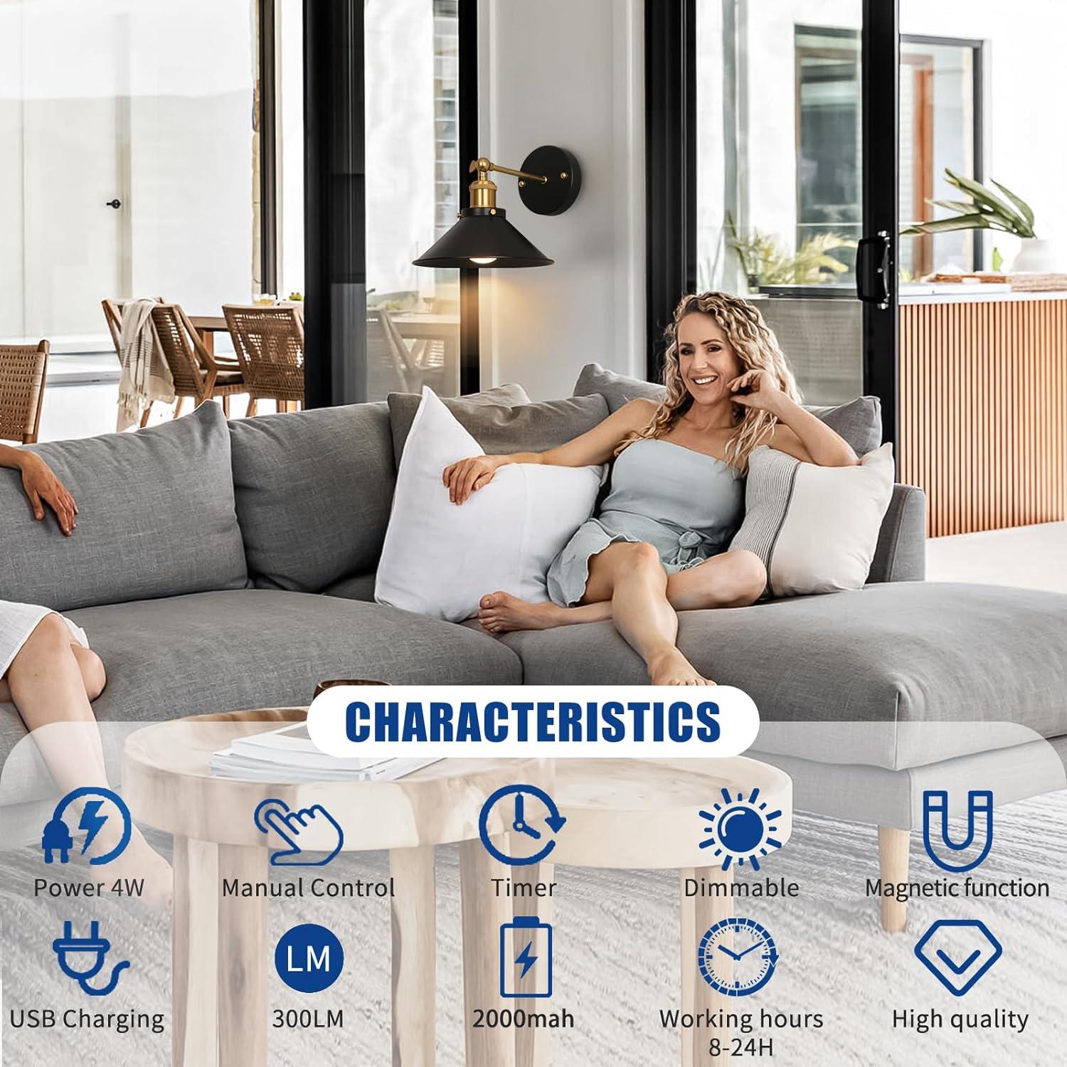 Apliques de Pared LED Recargables Bailoch, Juego de 2, Negro/Dorado