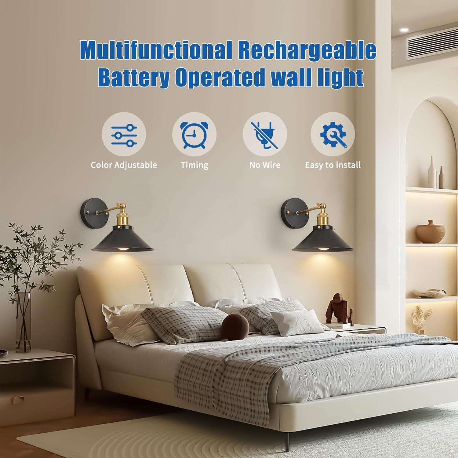 Apliques de Pared LED Recargables Bailoch, Juego de 2, Negro/Dorado