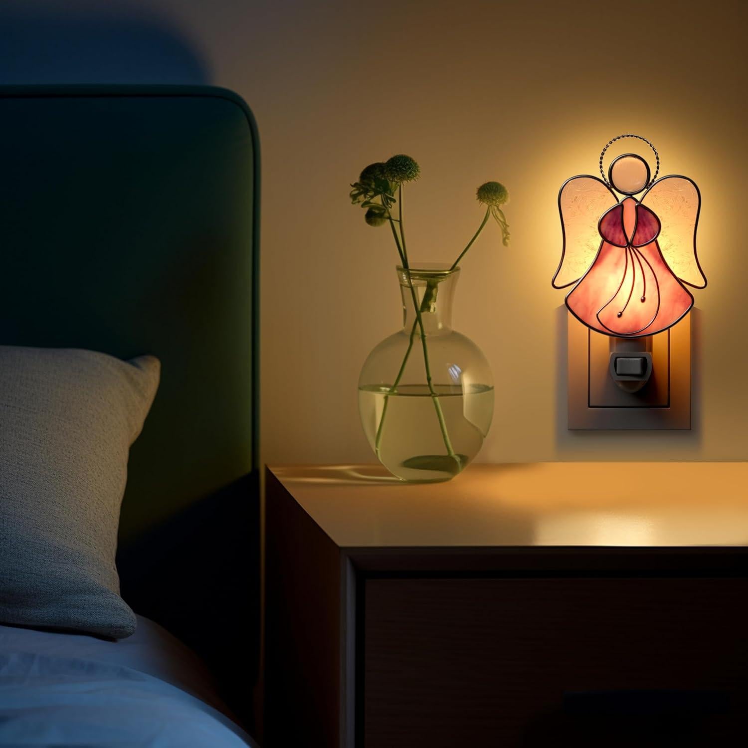 Luz Nocturna Enchufable KUNDGLA Ángel Rosa Vidrio Templado