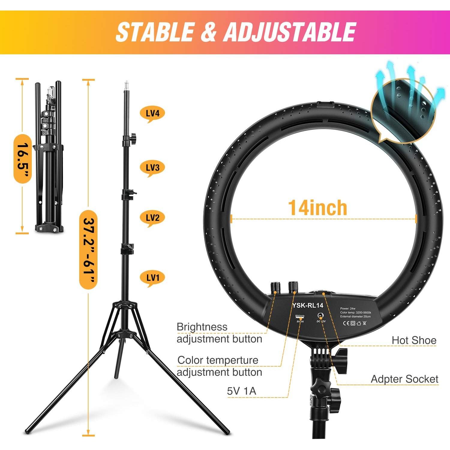 Anillo de Luz LED 35cm Yesker con Soporte Ajustable y USB