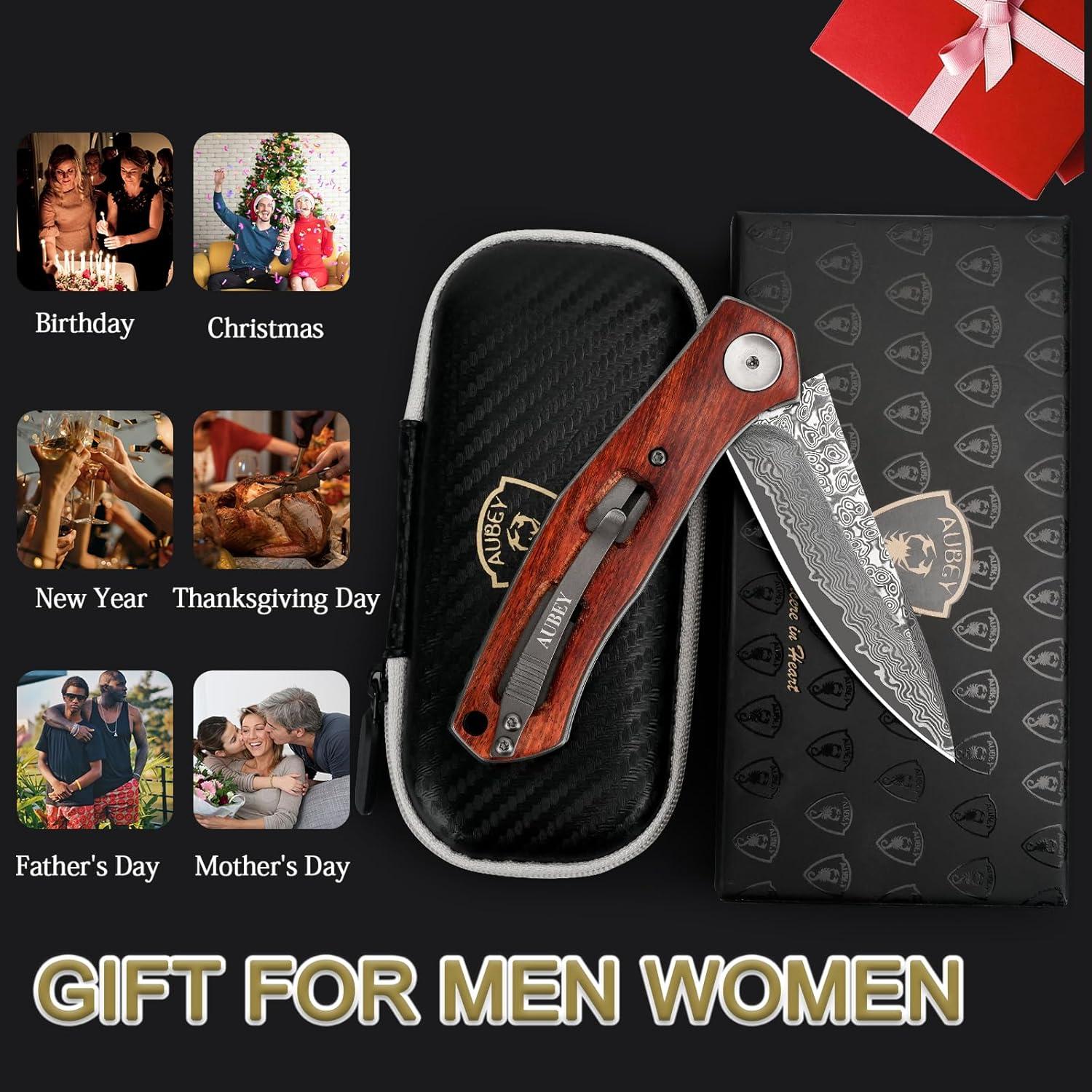 Cuchillo Plegable de Damasco AUBEY con Mango de Madera 19.1 cm