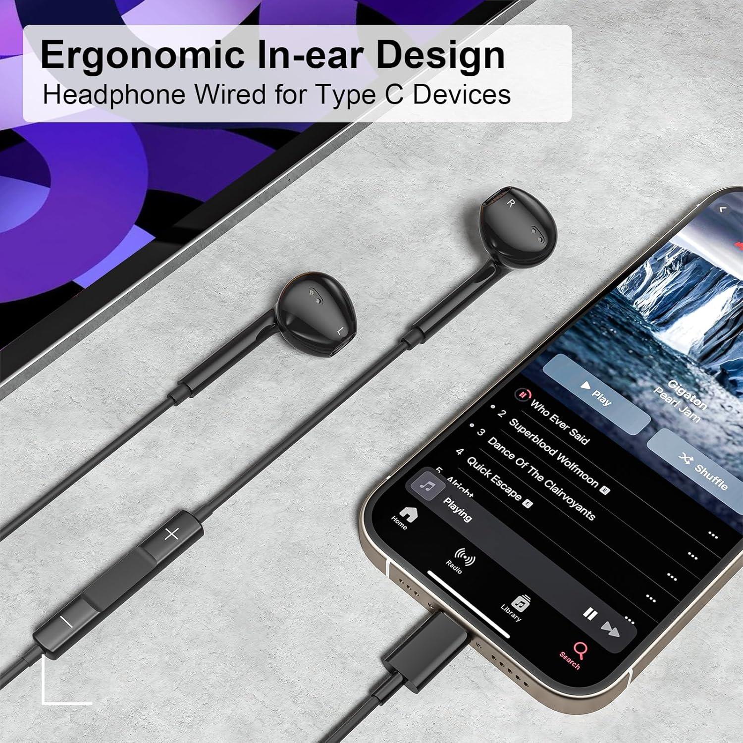 Auriculares USB C Negros con Cable para iPhone y iPad Pro