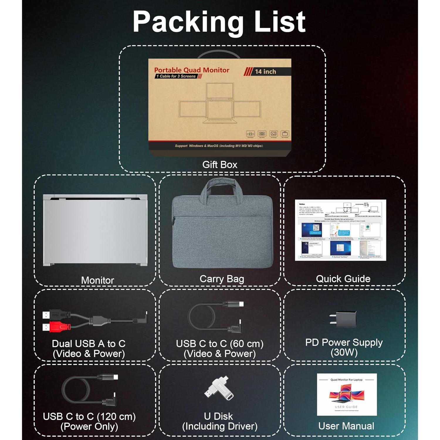 FOPO Extensor de Pantalla Cuádruple 14" FHD para Laptop