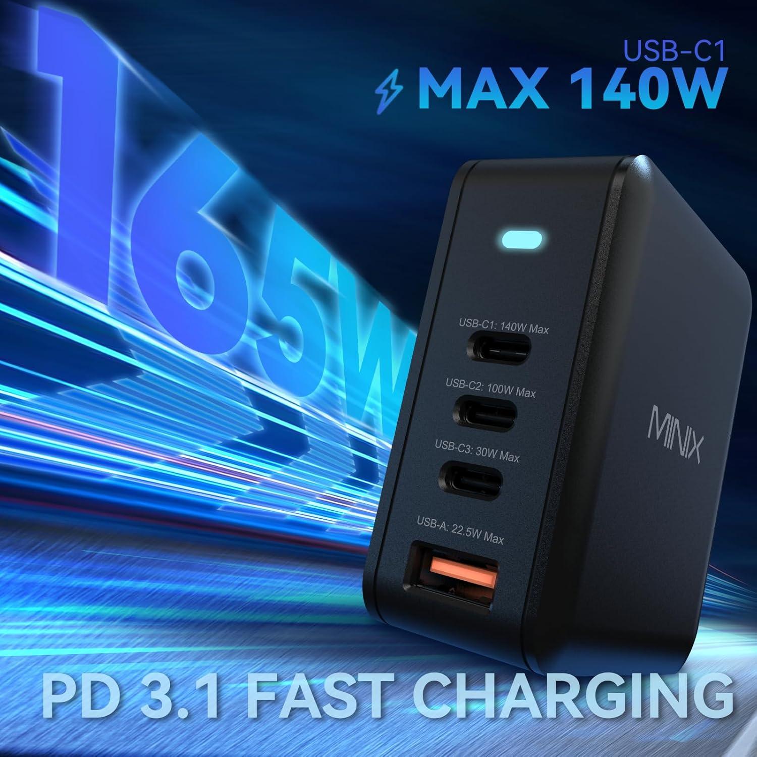 Cargador USB-C MINIX 165W 4 Puertos PD 3.1 Rápido