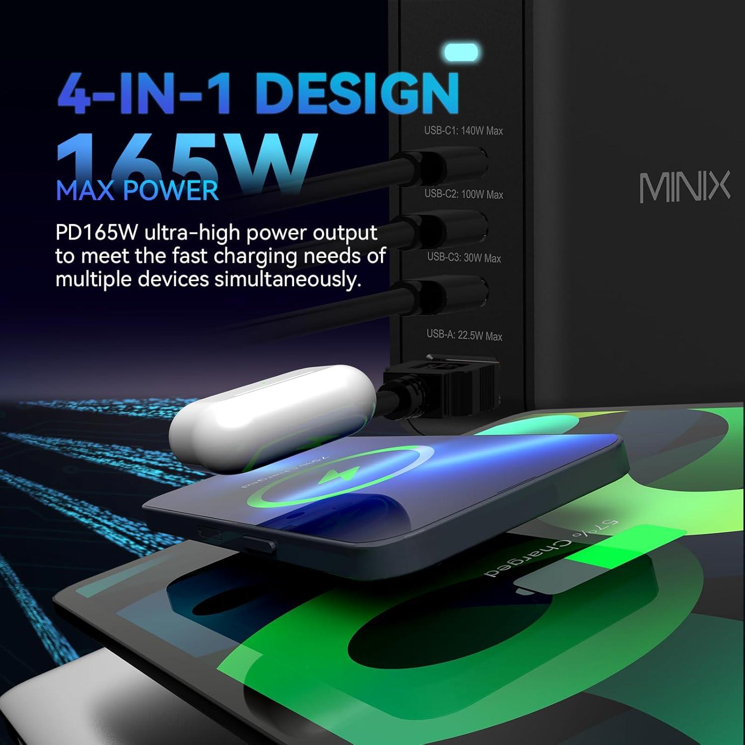 Cargador USB-C MINIX 165W 4 Puertos PD 3.1 Rápido
