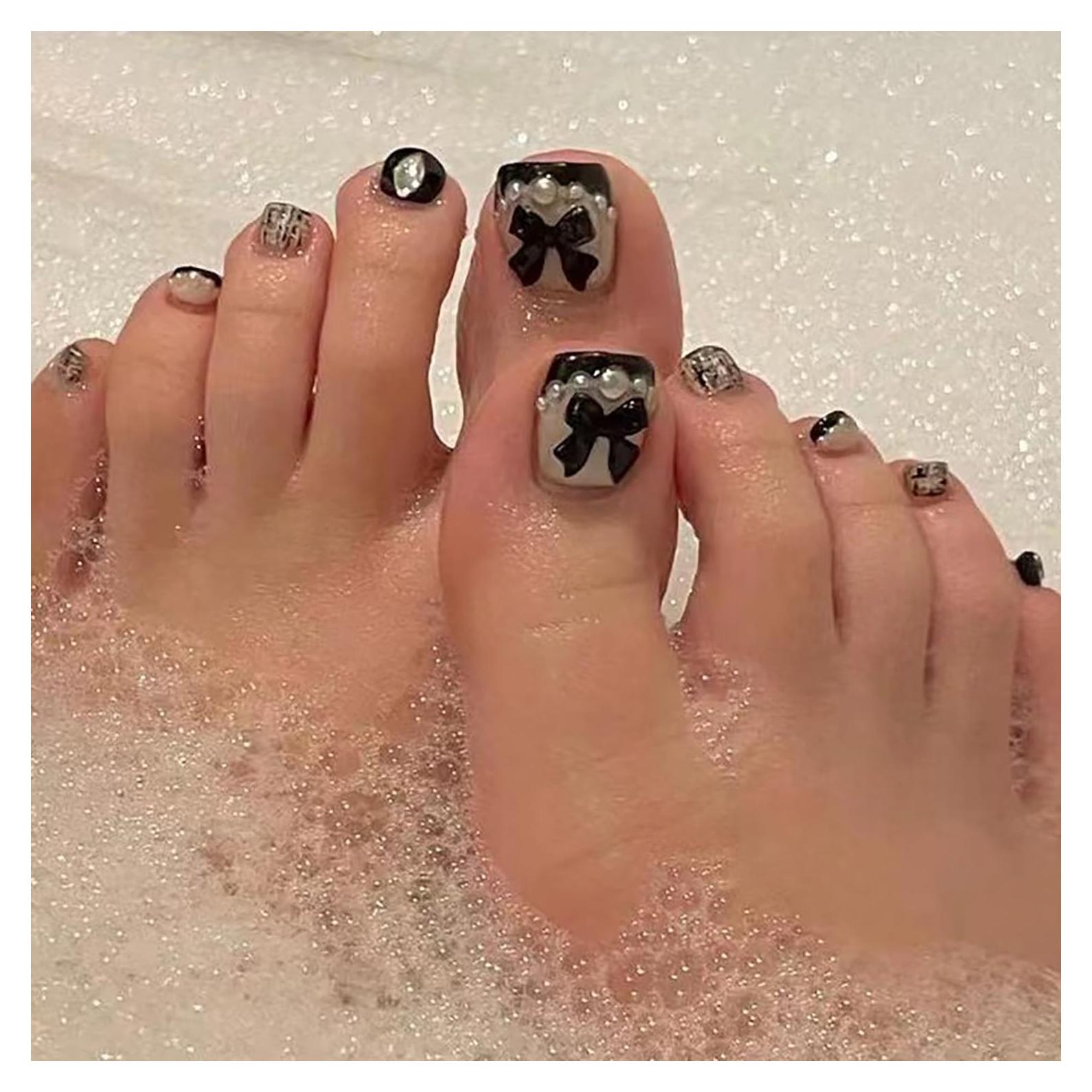 Uñas Postizas para Dedos del Pie FIEONCIY Francesa Negra y Perla