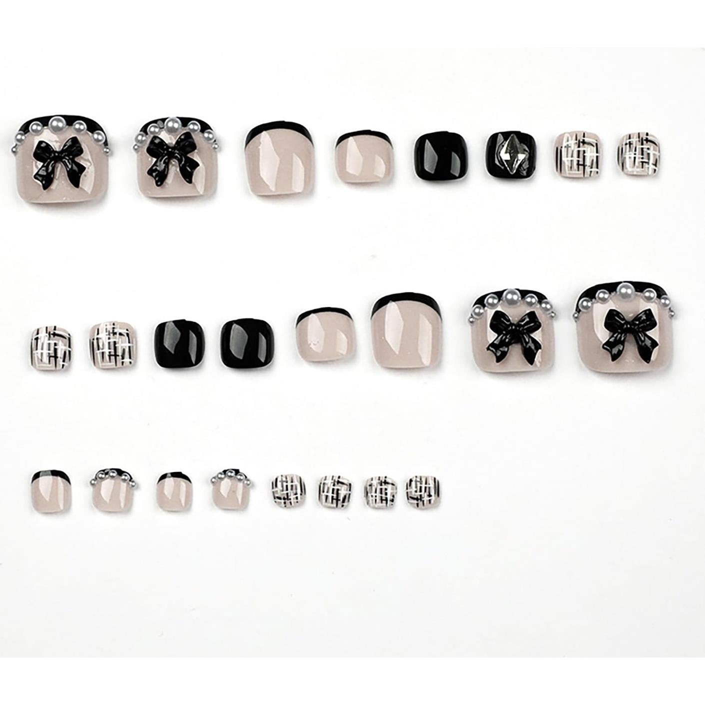 Uñas Postizas para Dedos del Pie FIEONCIY Francesa Negra y Perla