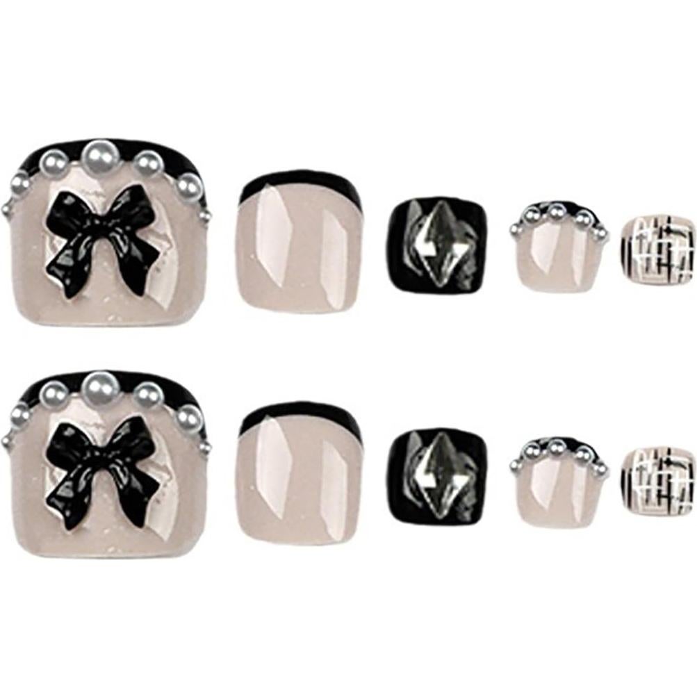 Uñas Postizas para Dedos del Pie FIEONCIY Francesa Negra y Perla