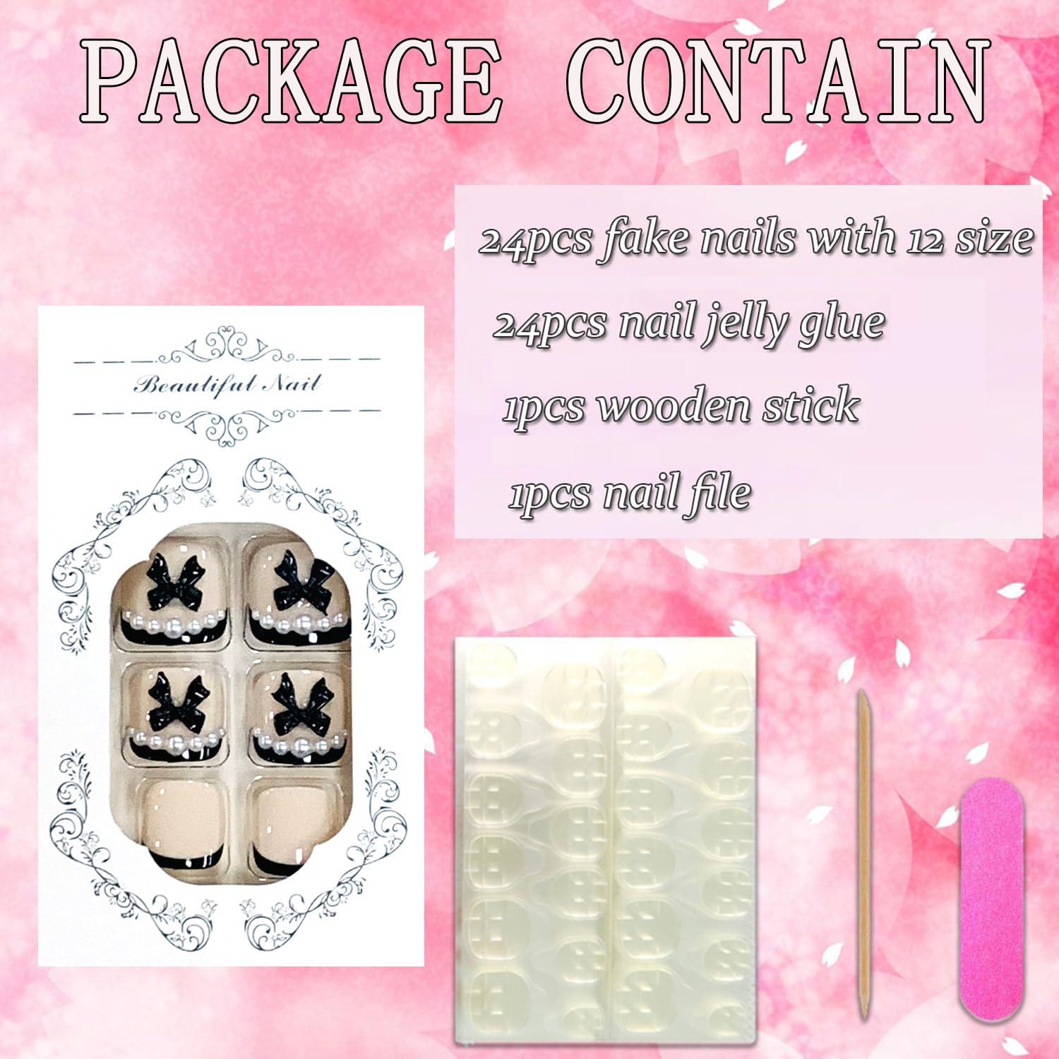 Uñas Postizas para Dedos del Pie FIEONCIY Francesa Negra y Perla