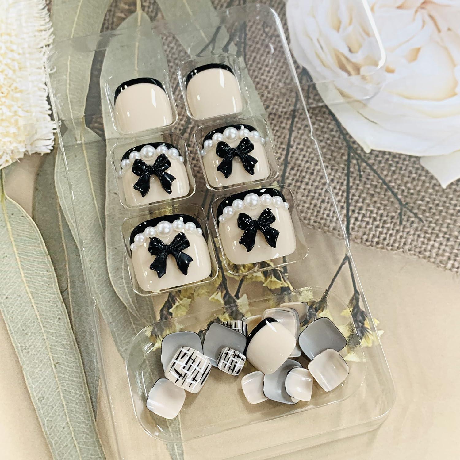 Uñas Postizas para Dedos del Pie FIEONCIY Francesa Negra y Perla