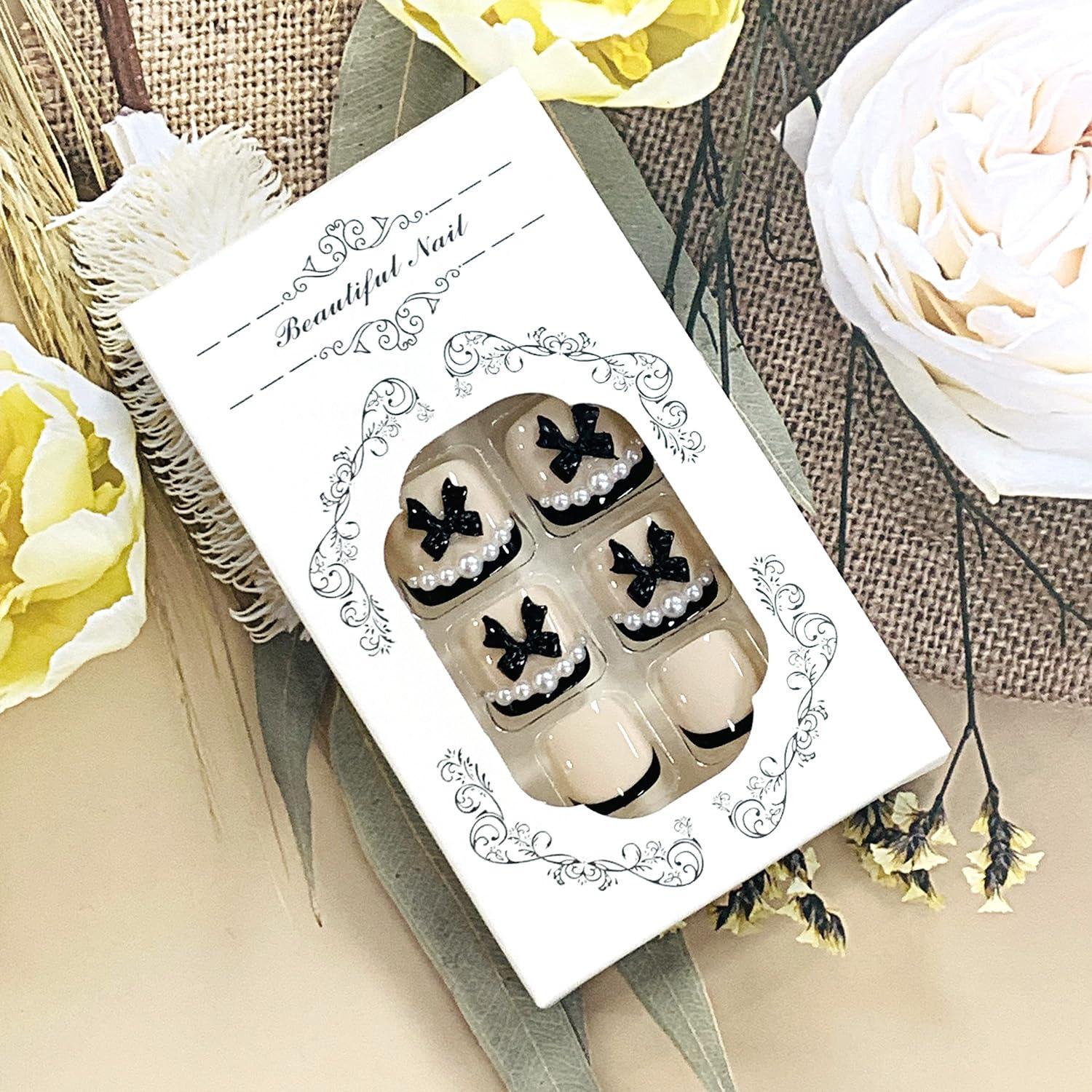 Uñas Postizas para Dedos del Pie FIEONCIY Francesa Negra y Perla