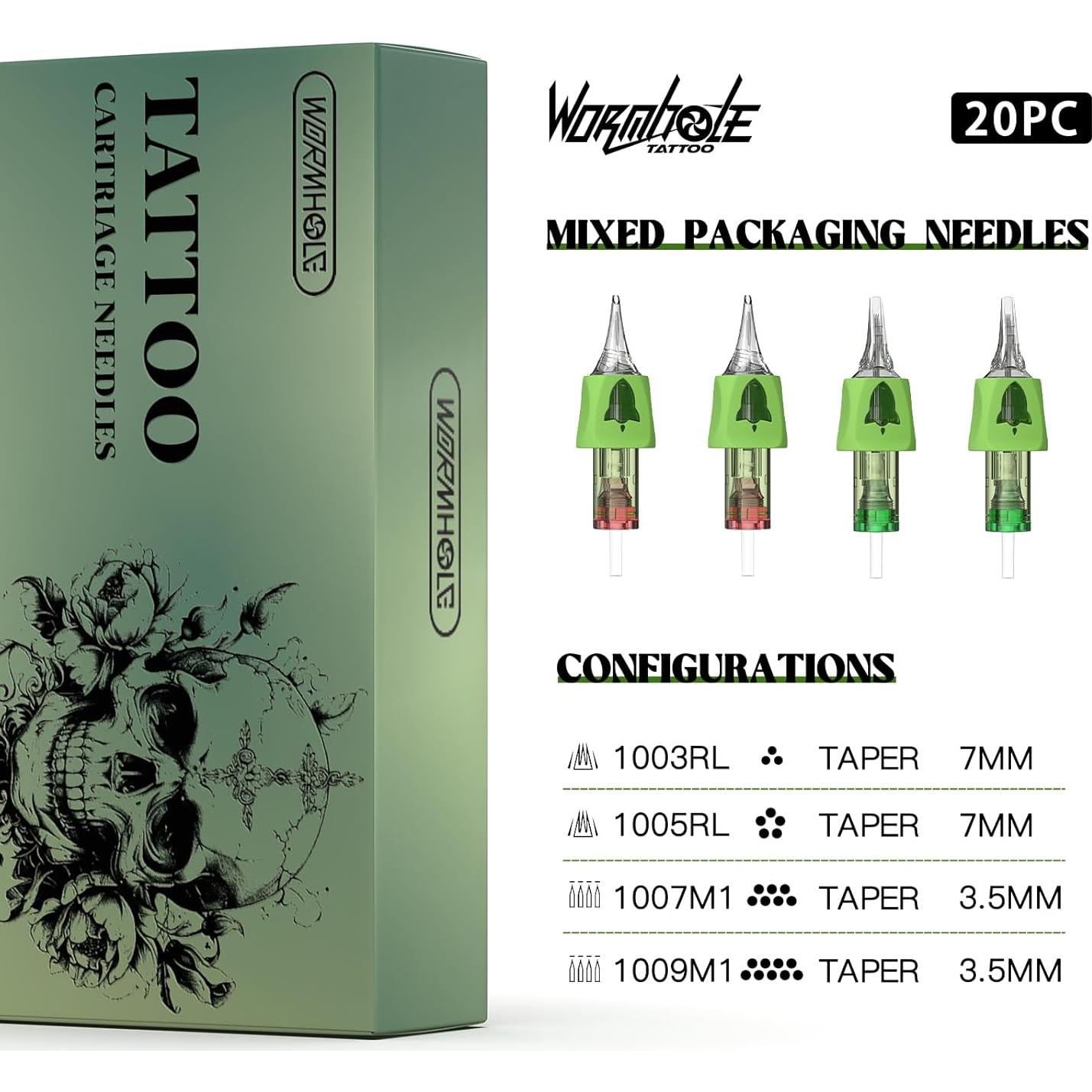 Agujas de Cartucho de Tatuaje Wormhole 20pcs Mezcla 3RL 5RL 7M1 9M1