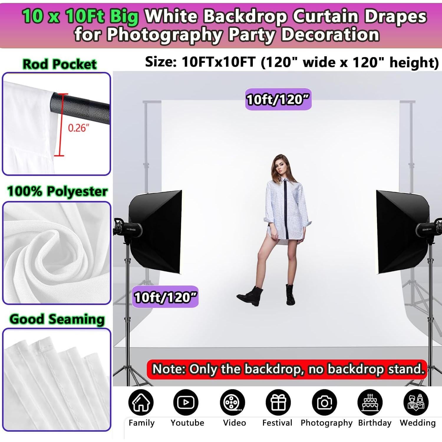 Fondo de Foto Blanco 3.05 x 3.05 m SYUNASYU Sin Costuras