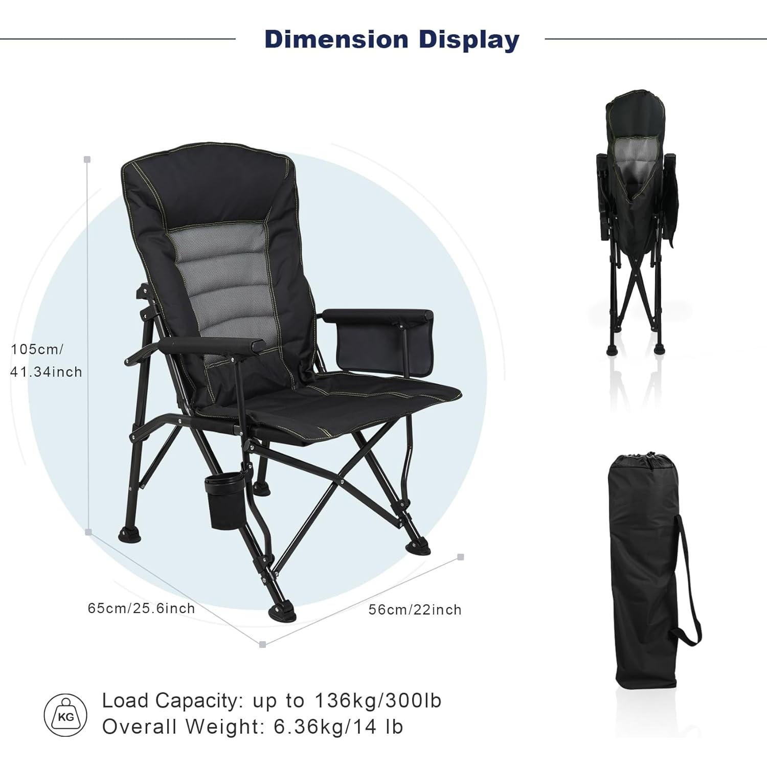 Silla de Camping Plegable Superrella Respaldo Alto 136kg Negra