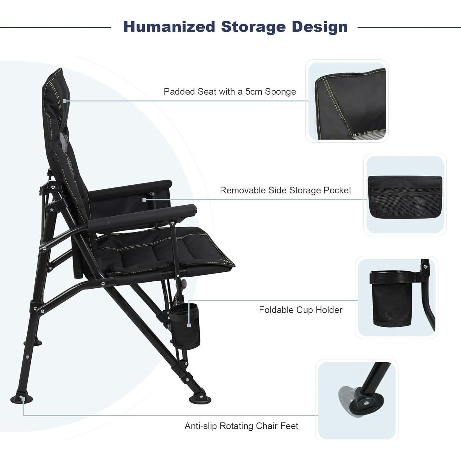 Silla de Camping Plegable Superrella Respaldo Alto 136kg Negra