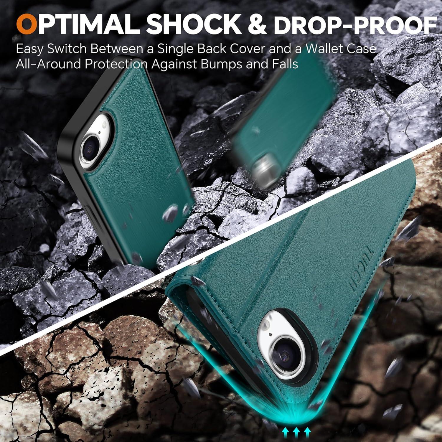 Funda Cartera TUCCH para iPhone 16e, Azul Teal, 4 Tarjetas