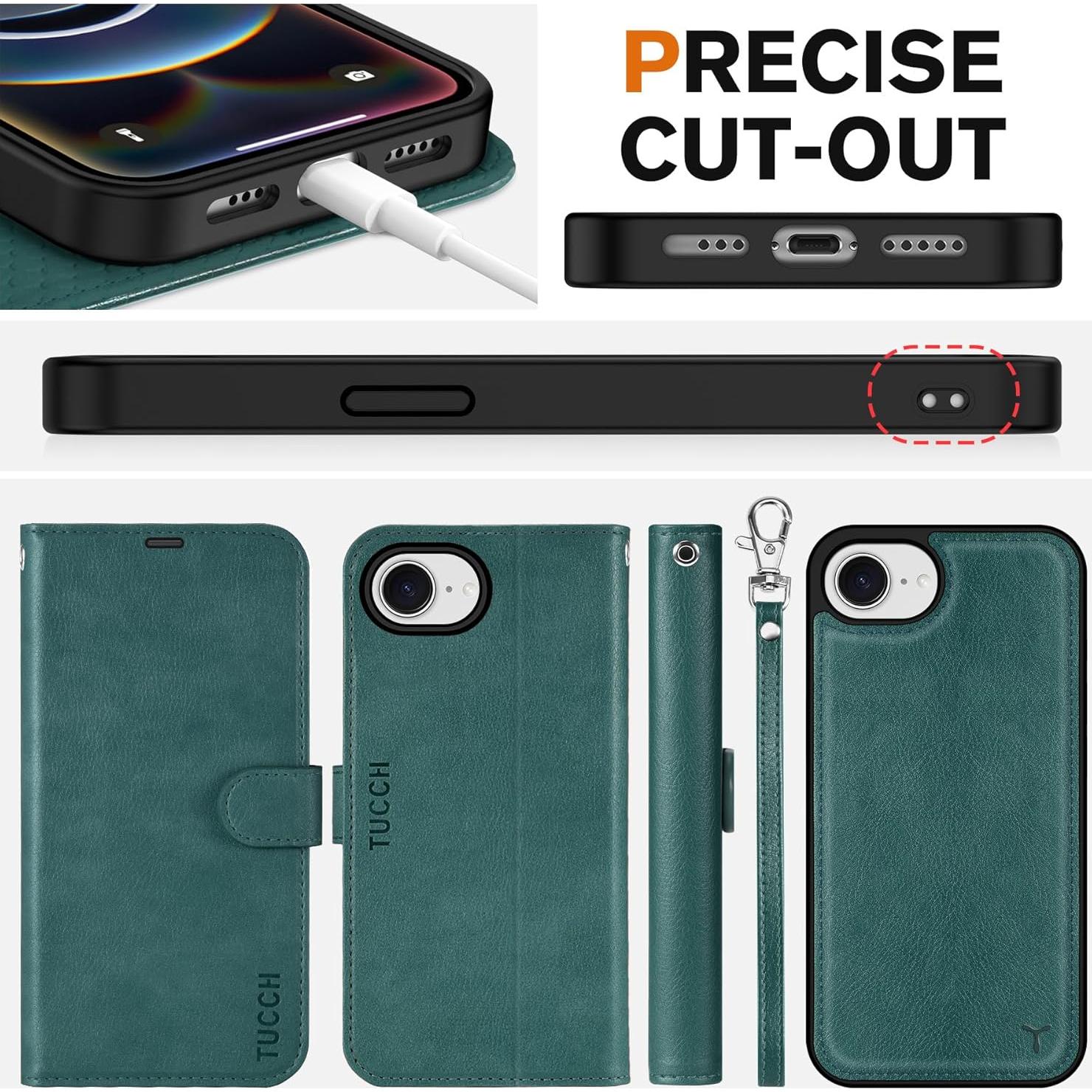 Funda Cartera TUCCH para iPhone 16e, Azul Teal, 4 Tarjetas