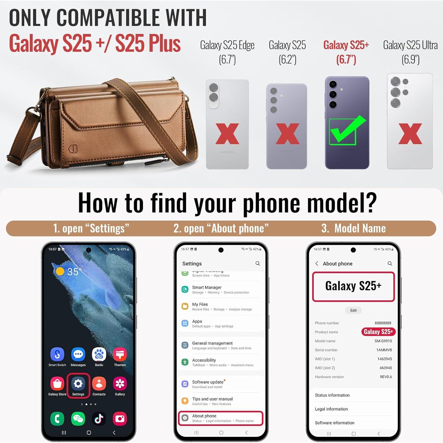 Funda de Cartera Strapurs para Samsung Galaxy S25 Plus - Marrón