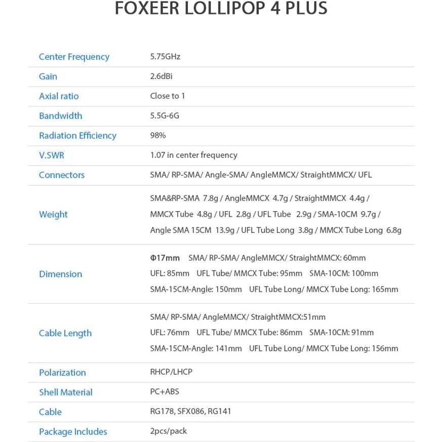 2 Antenas FPV Foxeer Lollipop 4 Plus 2.6dBi 5.75GHz RHCP