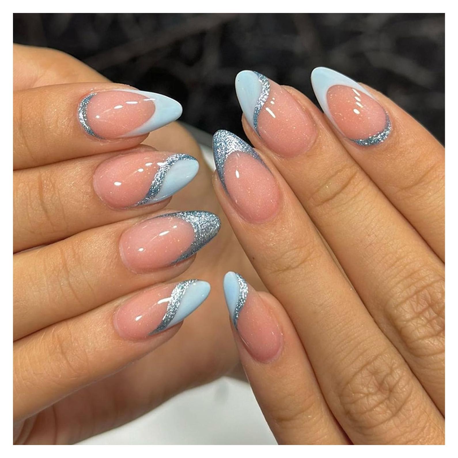 Uñas Postizas Cortas Almendra BDRUIXING Brillo Azul 30 Pcs