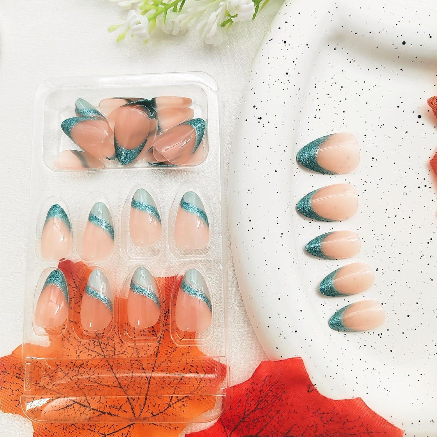 Uñas Postizas Cortas Almendra BDRUIXING Brillo Azul 30 Pcs