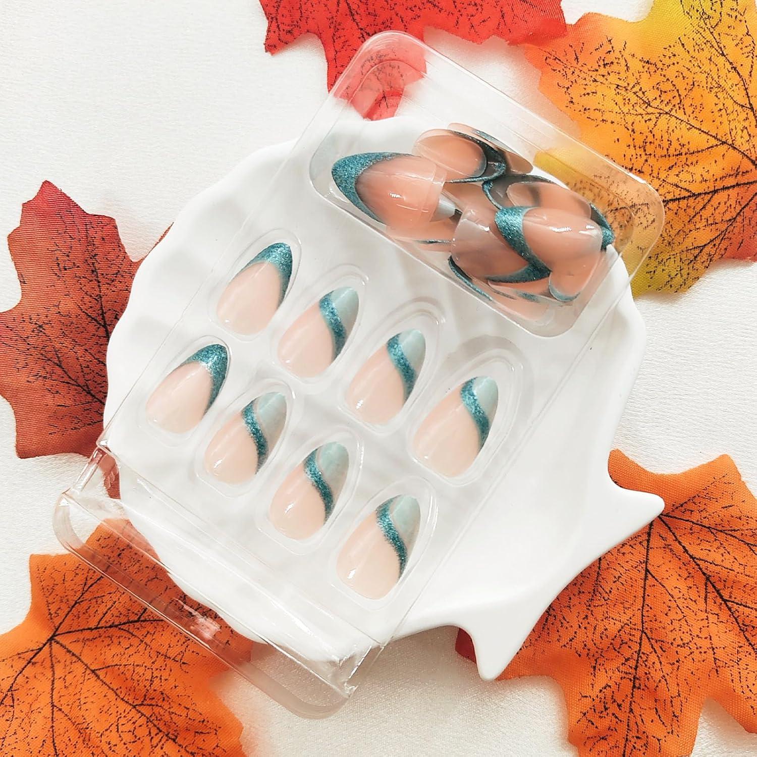 Uñas Postizas Cortas Almendra BDRUIXING Brillo Azul 30 Pcs