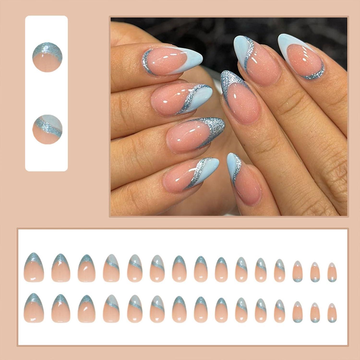 Uñas Postizas Cortas Almendra BDRUIXING Brillo Azul 30 Pcs