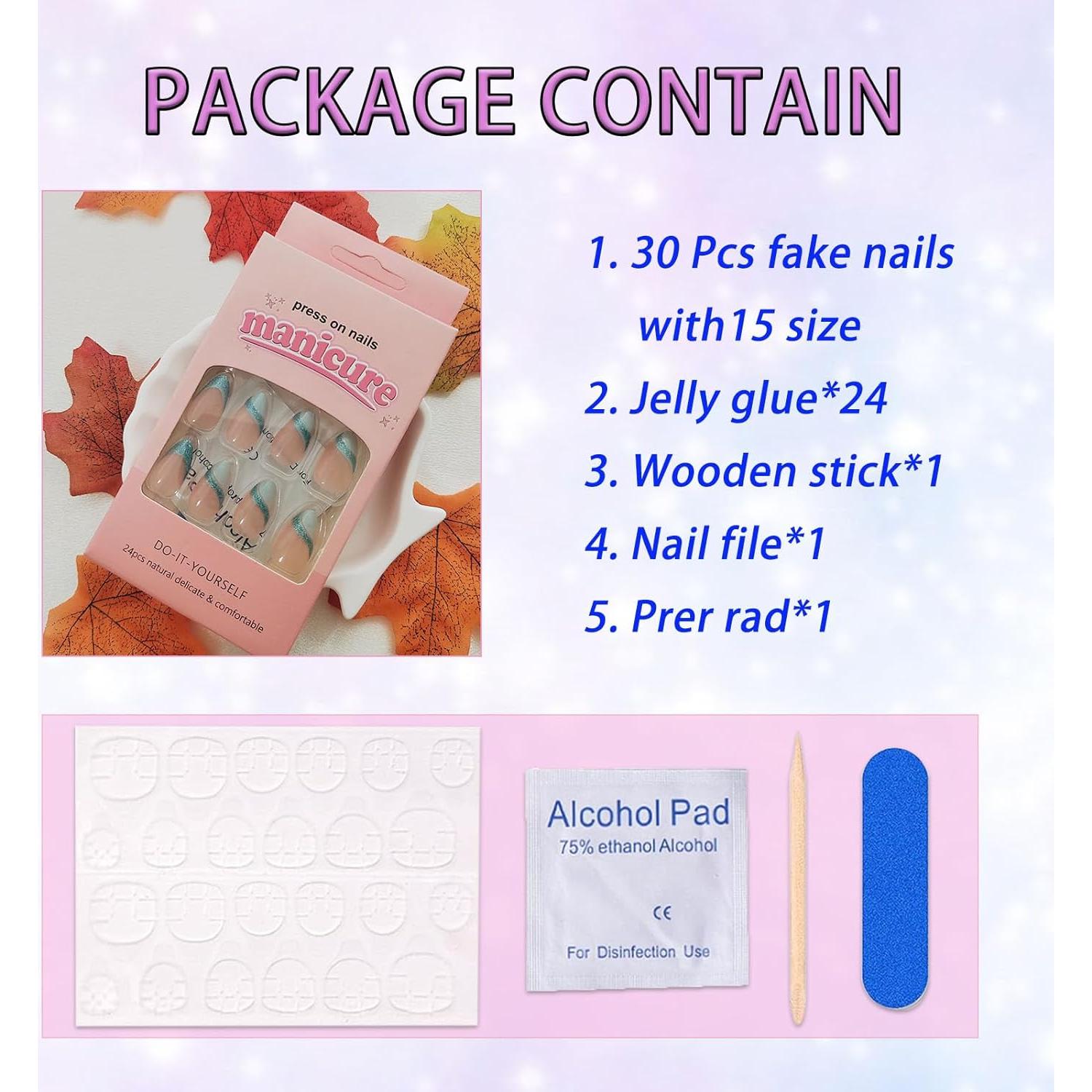 Uñas Postizas Cortas Almendra BDRUIXING Brillo Azul 30 Pcs