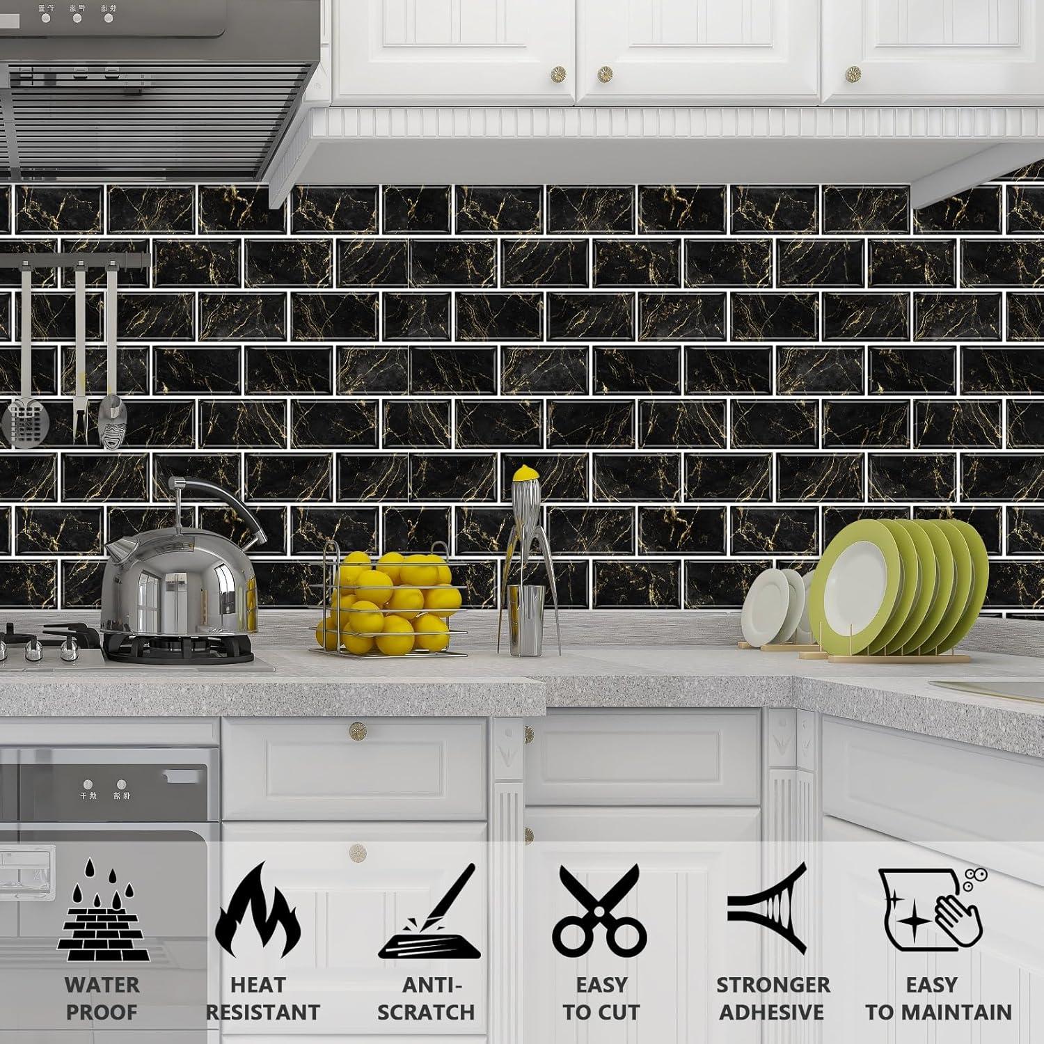 Azulejos Autoadhesivos URCOLOR 10 Hojas 30.48x30.48cm Mármol Negro y Dorado