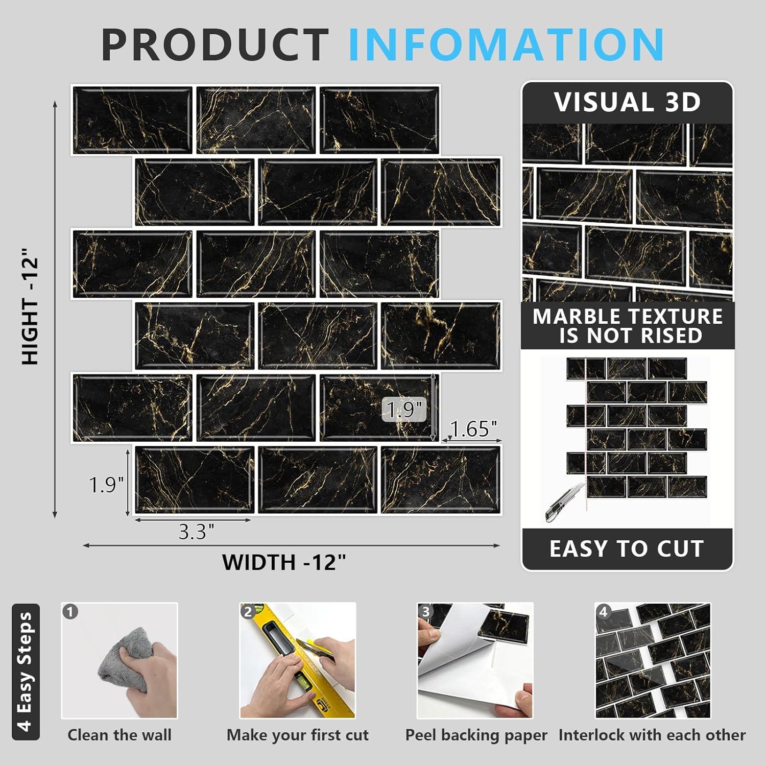 Azulejos Autoadhesivos URCOLOR 10 Hojas 30.48x30.48cm Mármol Negro y Dorado